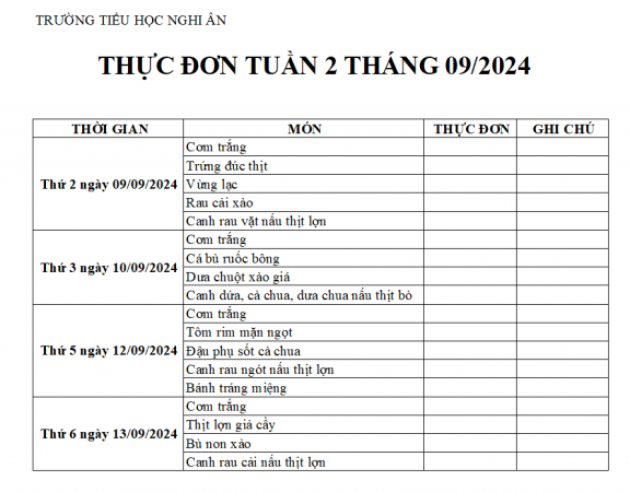 Thực đơn bán trú Tuần 2 Tháng 9/2024