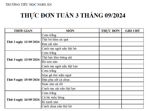 Thực đơn bán trú Tuần 3 Tháng 9/2024