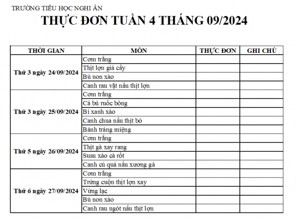 Thực đơn bán trú Tuần 4 Tháng 9/2024