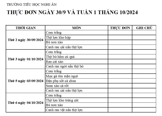 Thực đơn bán trú ngày 30/9 và Tuần 1 Tháng 10/2024