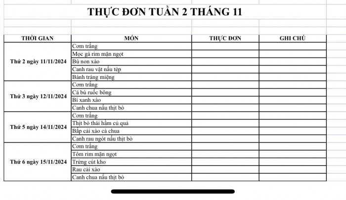 Thực đơn bán trú Tuần 2 Tháng 11/2024