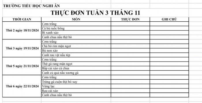 Thực đơn bán trú Tuần 3 Tháng 11/2024