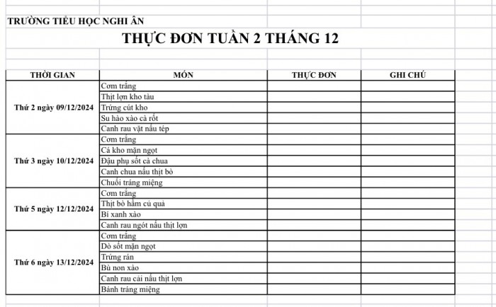 Thực đơn bán trú Tuần 2 Tháng 12/2024