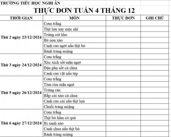 Thực đơn bán trú Tuần 4 Tháng 12/2024