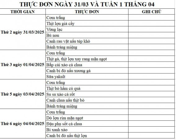 Thực đơn bán trú ngày 31/3 và Tuần 1 tháng 4/2025 