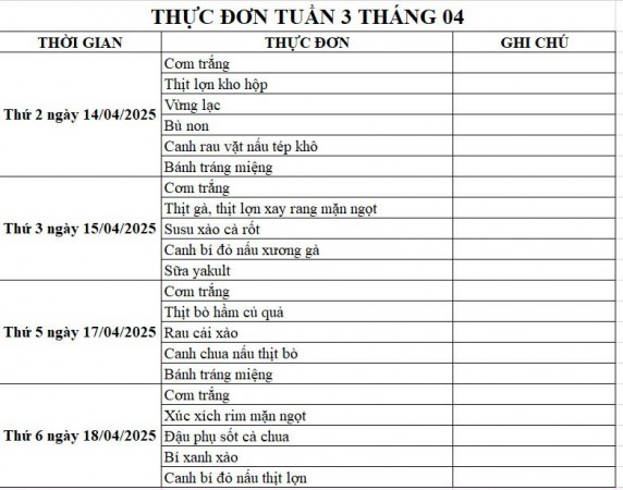 Thực đơn bán trú Tuần 3 tháng 4/2025 
