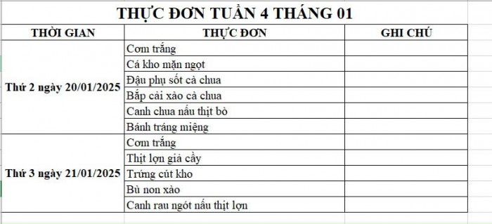 Thực đơn bán trú Tuần 4 tháng 01/2025 