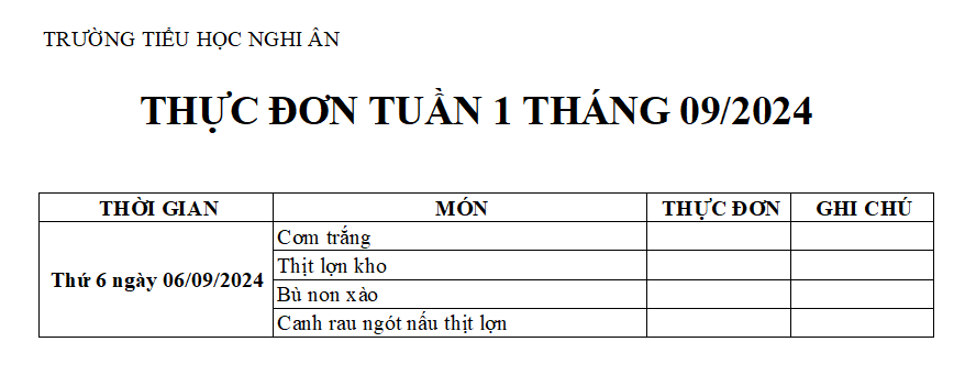 Thực đơn bán trú Tuần 1 Tháng 9/2024