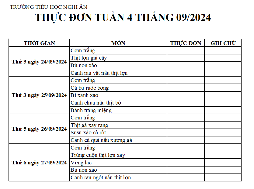 Thực đơn bán trú Tuần 4 Tháng 9/2024