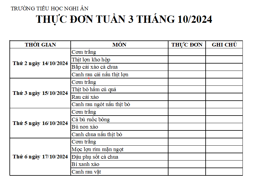 Thực đơn bán trú Tuần 3 Tháng 10/2024