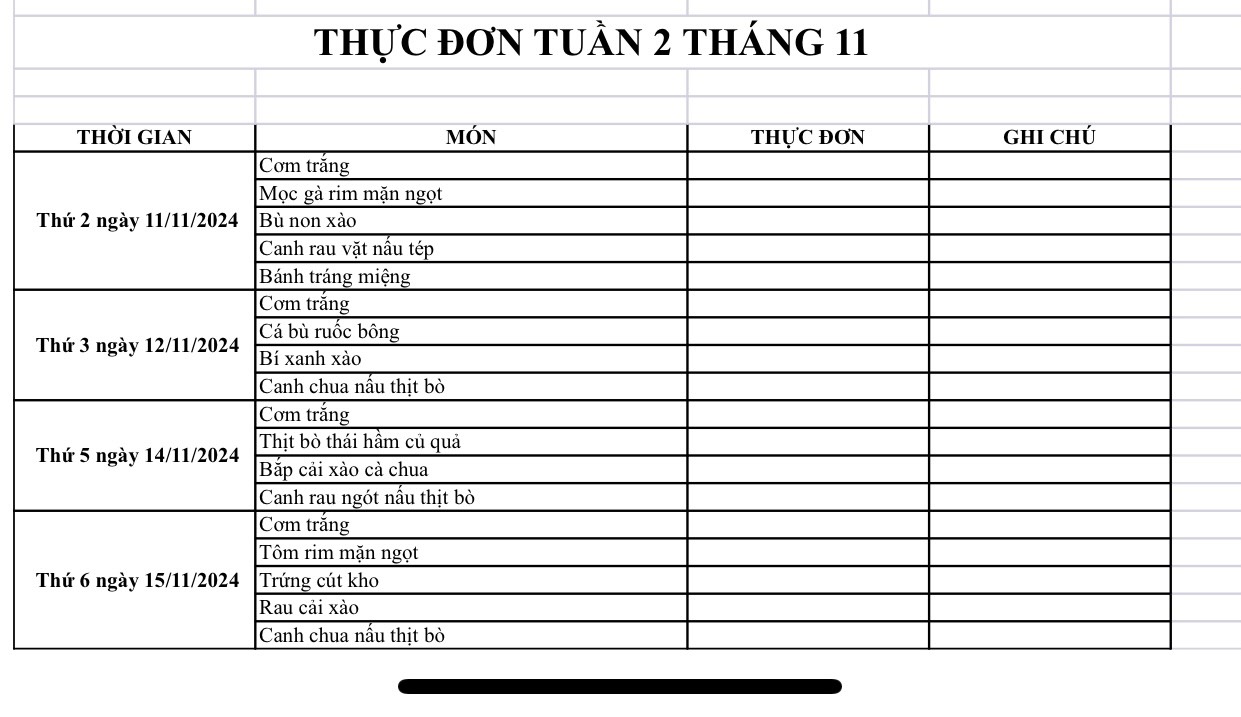 Thực đơn bán trú Tuần 2 Tháng 11/2024