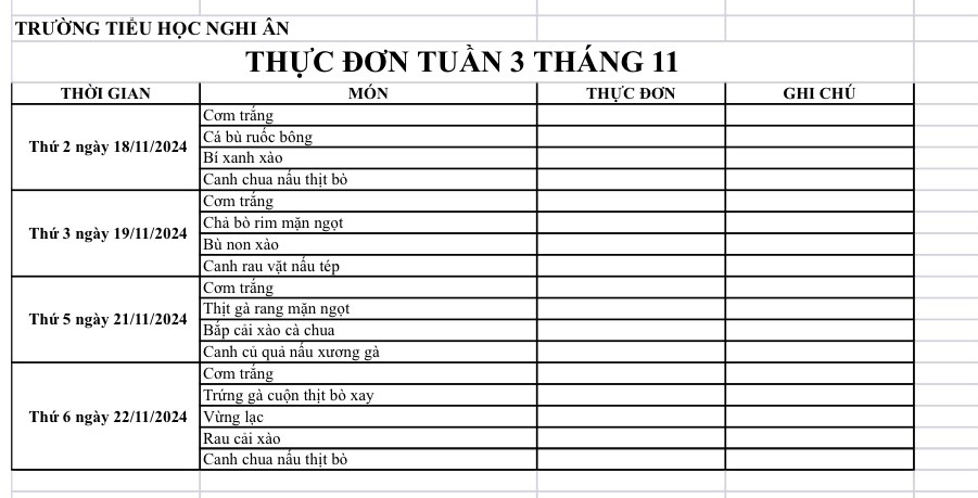 Thực đơn bán trú Tuần 3 Tháng 11/2024