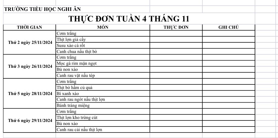 Thực đơn bán trú Tuần 4 Tháng 11/2024