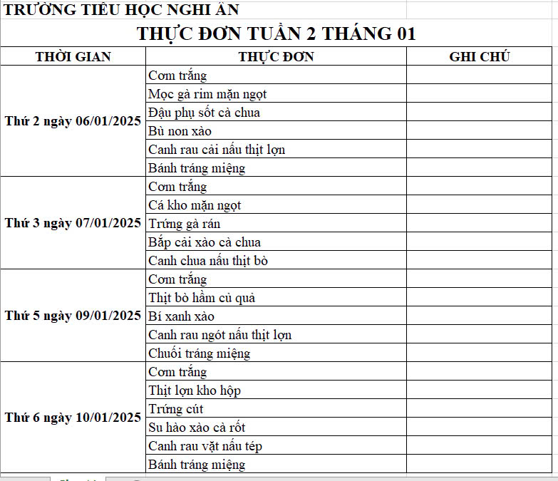 Thực đơn bán trú Tuần 2 tháng 01/2025