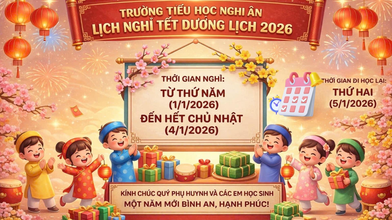 Trường Tiểu học Nghi Ân thông báo về lịch nghỉ Tết Dương lịch 2026.