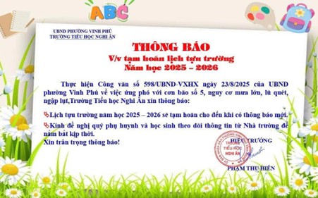 TRƯỜNG TIỂU HỌC NGHI ÂN THÔNG BÁO "VỀ VIỆC TẠM HOÃN LỊCH TỰU TRƯỜNG NĂM HỌC 2025 - 2026"