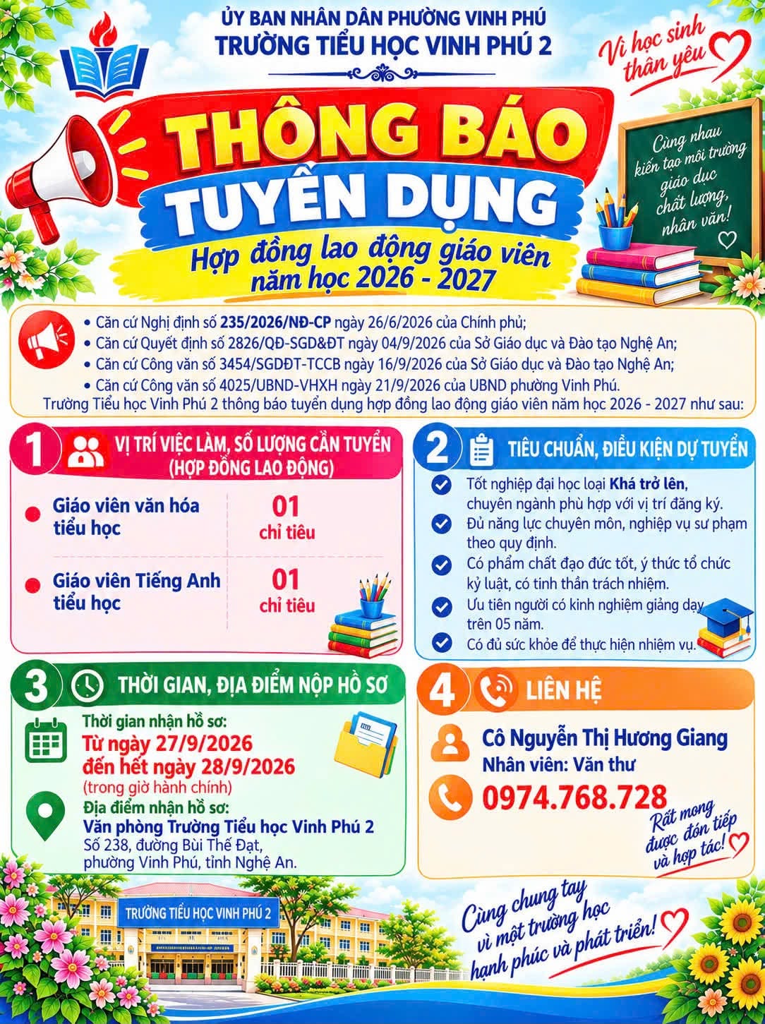 TRƯỜNG TIỂU HỌC VINH PHÚ 2 THÔNG BÁO “TUYỂN DỤNG HỢP ĐỒNG LAO ĐỘNG GIÁO VIÊN NĂM HỌC 2026-2027”